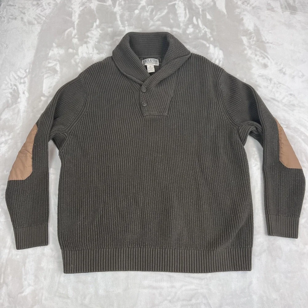 Duluth Sweater Mens 2XL Brigadier Shawl Collar Fisherman Knit Chunky Elbow Patch